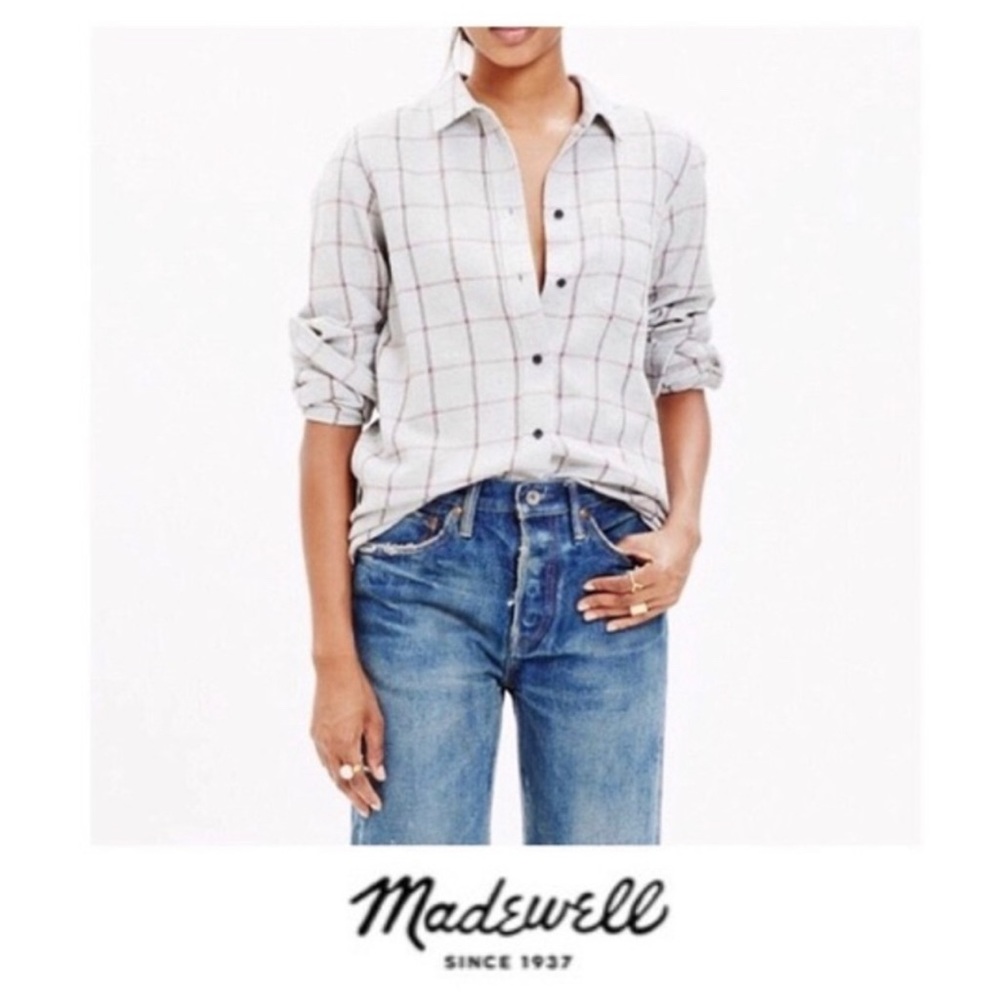 Madewell | Gray plaid flannel wool blend top